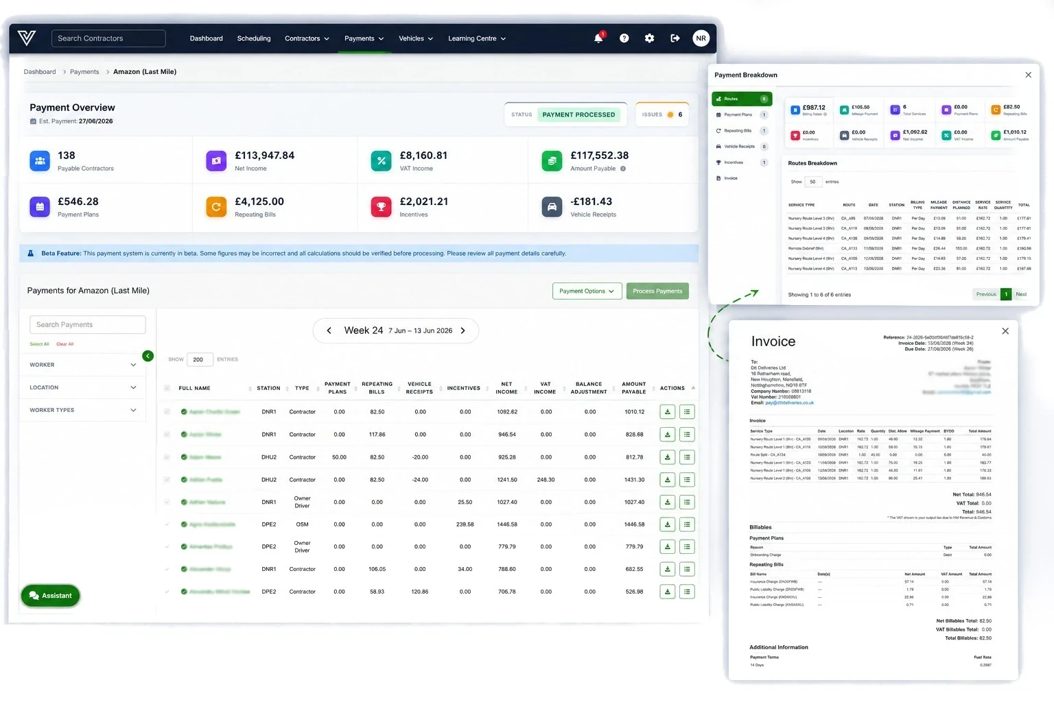 The Verion payments dashboard: a full pay run with payable totals and a self-bill invoice opening as a connected detail panel
