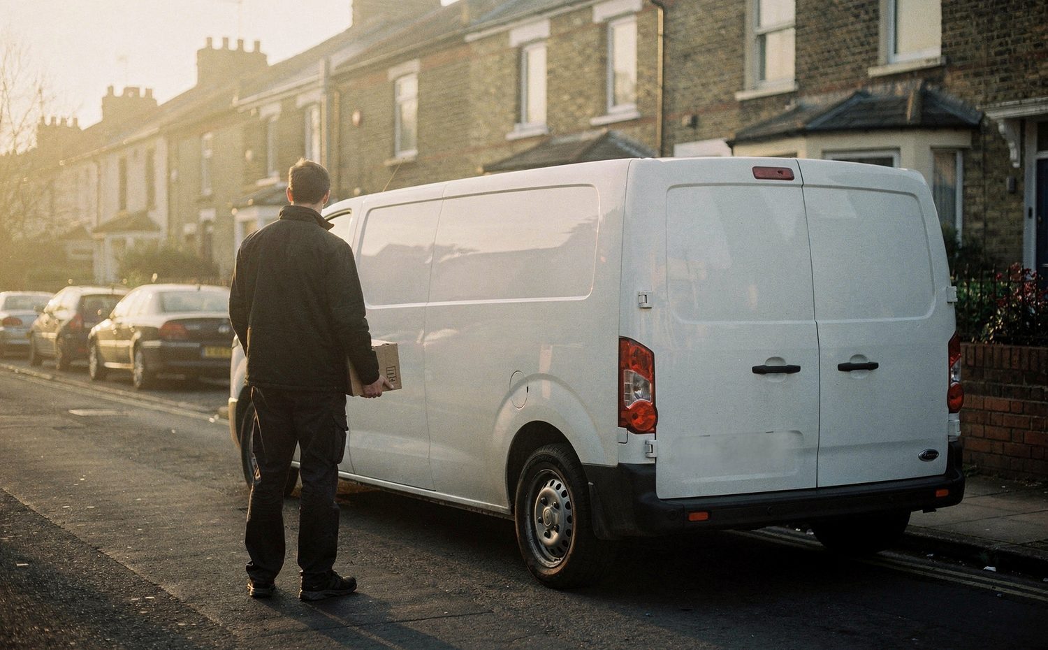 A self-employed driver beside a white van at dawn