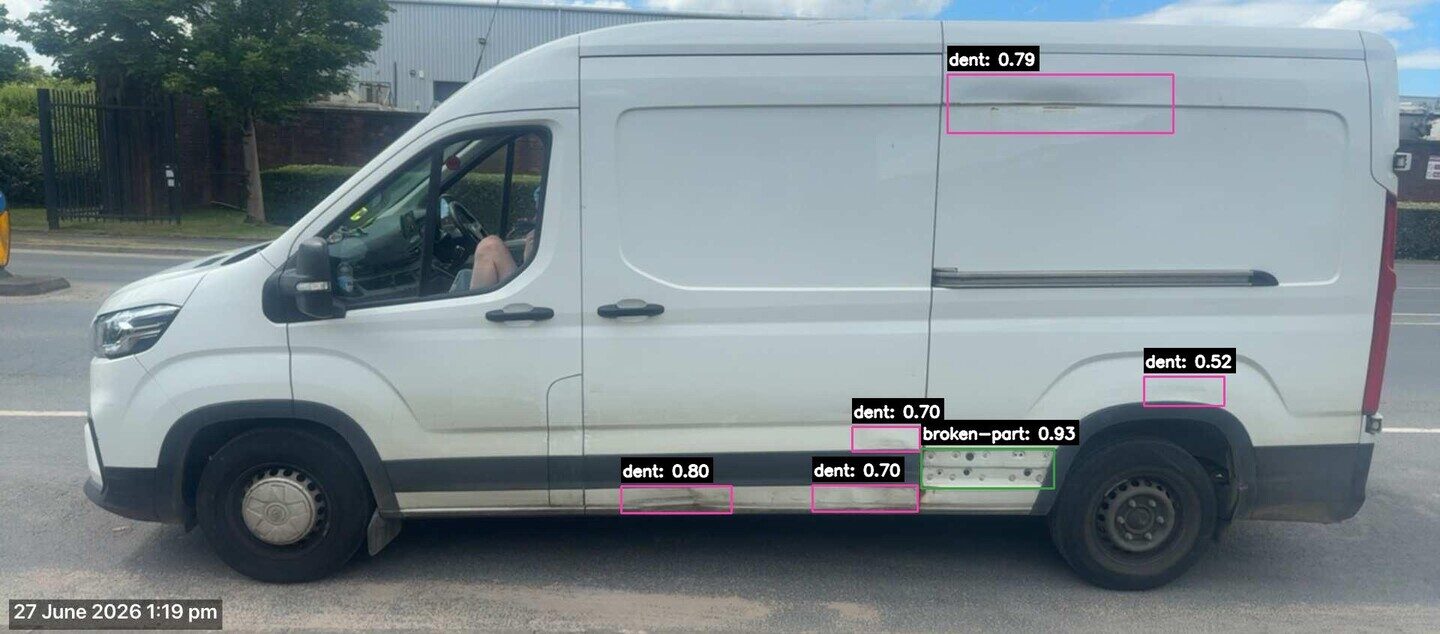A real Verion AI damage detection: 6 regions flagged on a delivery vehicle
