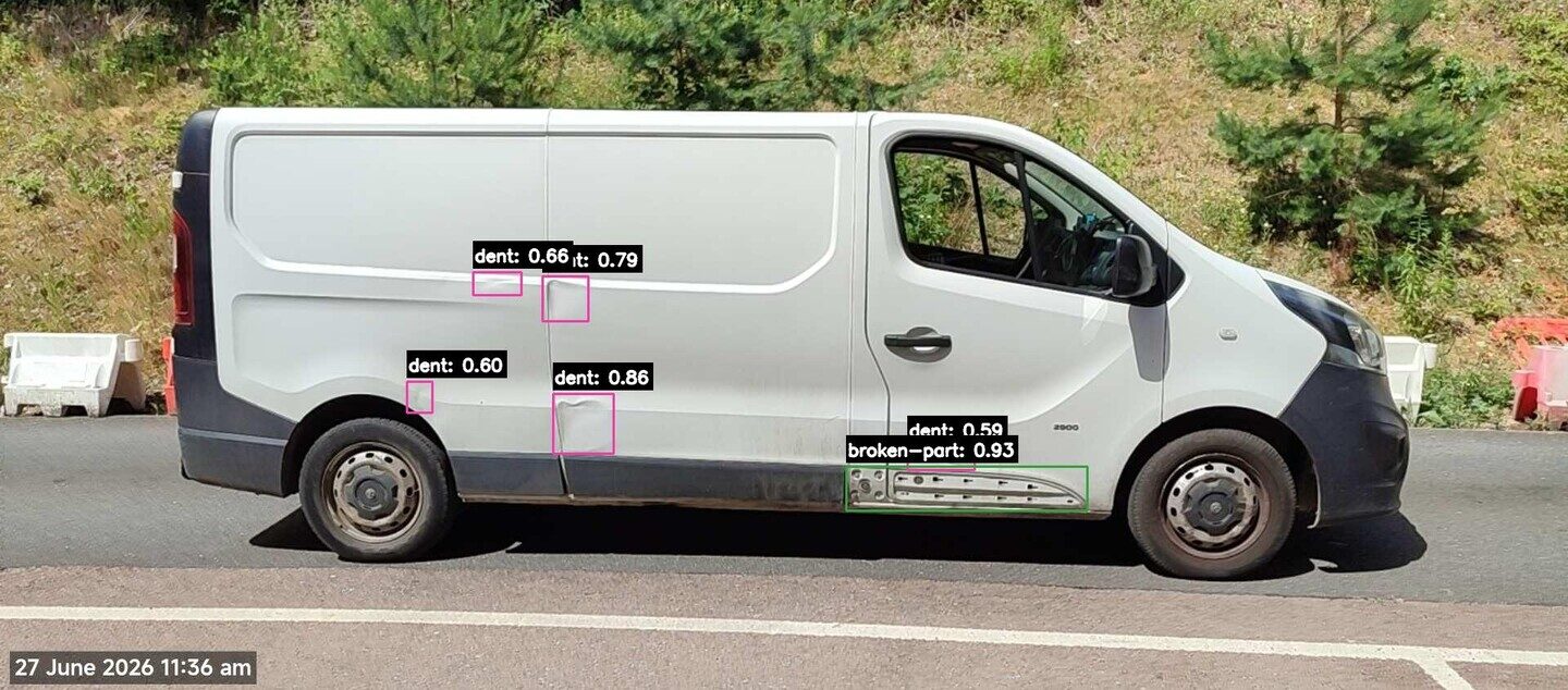 A real Verion AI damage detection: 6 regions flagged on a delivery vehicle