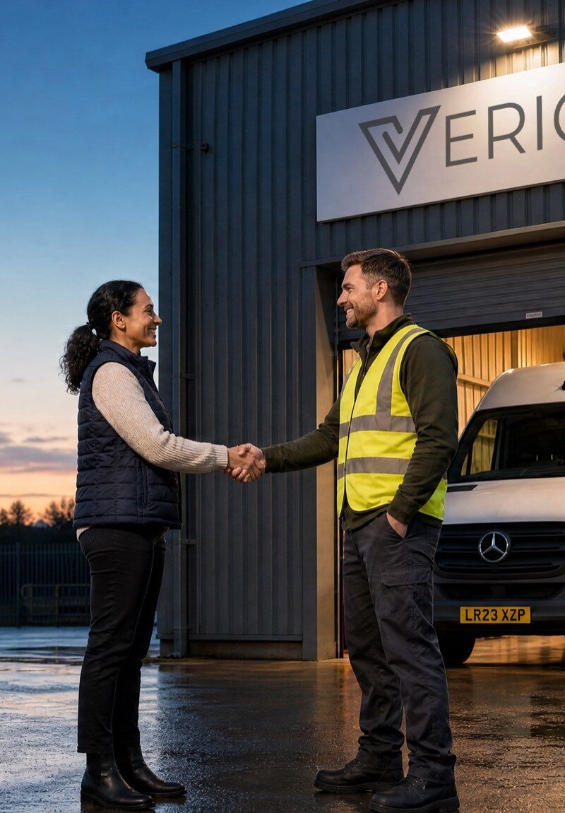 Two delivery operators shaking hands outside a Verion depot